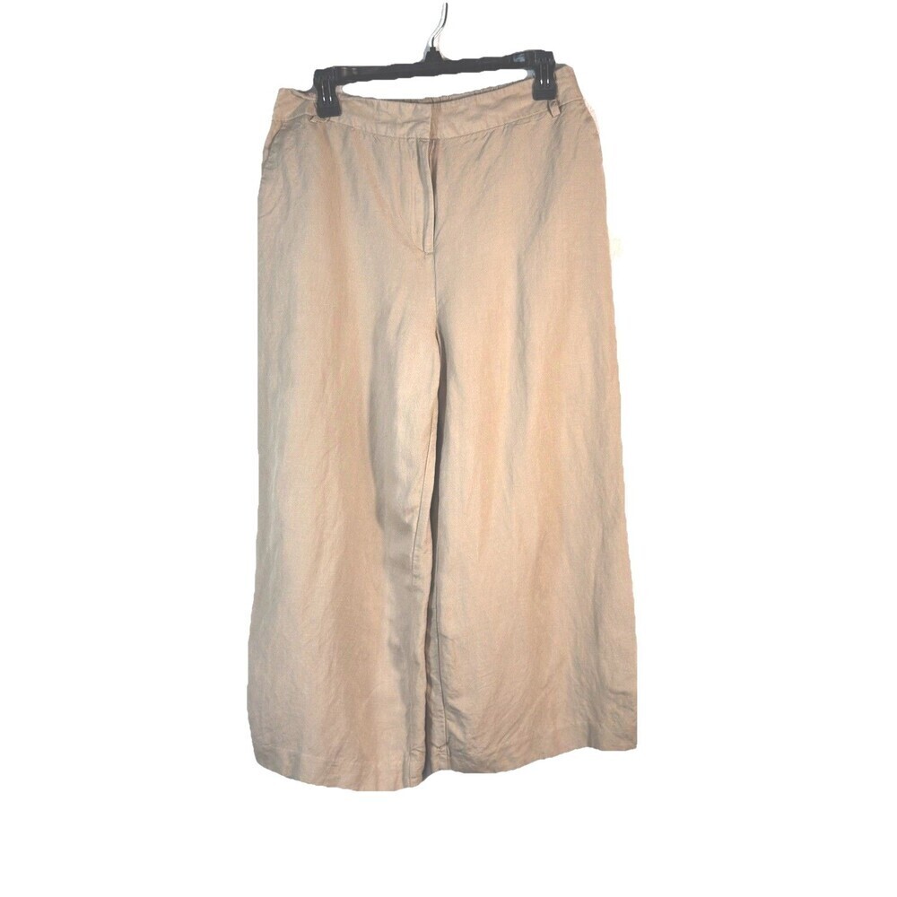 Linen Wide Leg Crop Pants Beige High Rise Summer Minimalist Women M - Picture 2 of 7